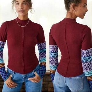 Free People We the Free Boho Burgundy Mock Neck Colorful Knit Long Sleeve- Small